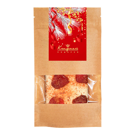 Подарочная шоколадка в крафт пакете: шоколад белый с клубникой и малиновым кранчем 55г