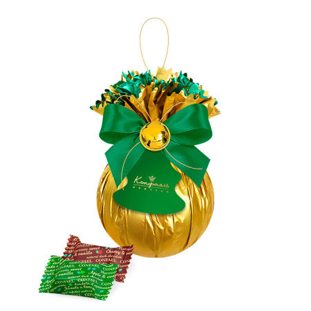 Елочный шарик с конфетами мармелада и суфле в горьком шоколаде (яблоко и ваниль, вишня и ваниль)