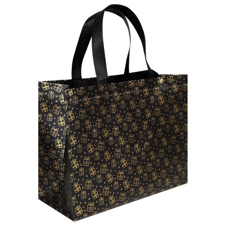 Сумка черная с золотым принтом "Подарки" 32*14*25.5 см