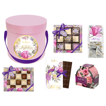 Конфеты ассорти, суфле-безе, шоколад молочный, чай набор розовый