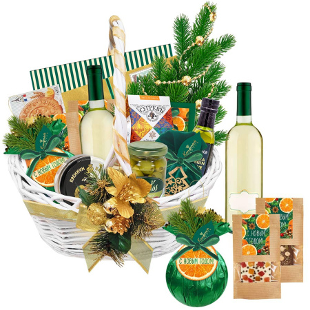 Корзина с конфетами: ассорти, шоколад белый, шоколад горький, драже, чай, паштет, масло, оливки