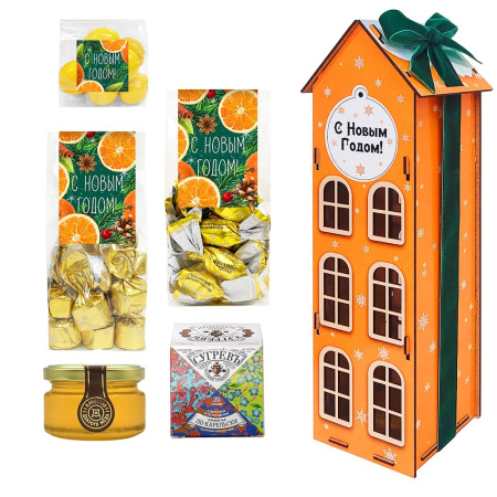 Домик с конфетами: ассорти, мармелад, драже, мед, чай